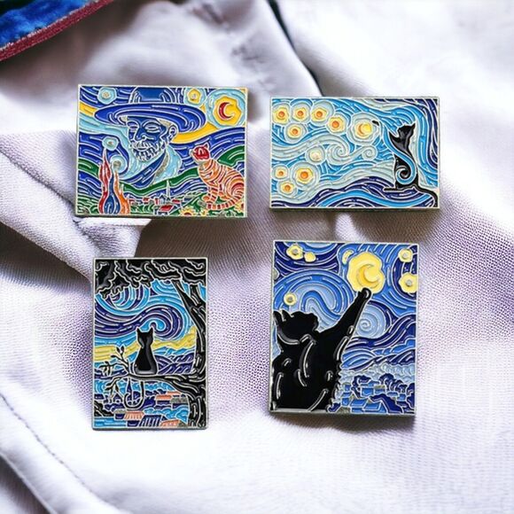 Starry Night Black Cat Enamel Pin Van Gogh Oil Painting Brooch Lapel Badge Set 4 - Picture 7 of 14